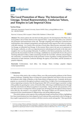 The Local Promotion of Mazu: the Intersection of Lineage, Textual Representation, Confucian Values, and Temples in Late Imperial China