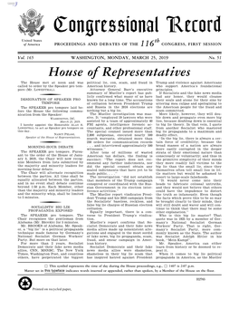 Congressional Record United States Th of America PROCEEDINGS and DEBATES of the 116 CONGRESS, FIRST SESSION