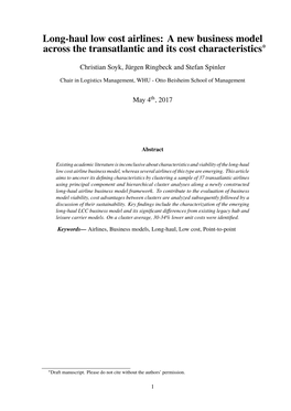 Long-Haul Low Cost Airlines: a New Business Model Across the Transatlantic and Its Cost Characteristics∗