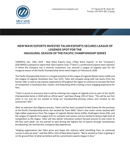 New Wave Esports Investee Talon Esports Secures League of Legends Spot for the Inaugural Season of the Pacific Championship Series