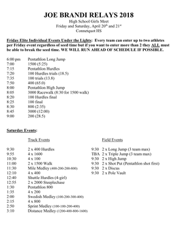 JOE BRANDI RELAYS 2018 High School Girls Meet Friday and Saturday, April 20Th and 21St Connetquot HS