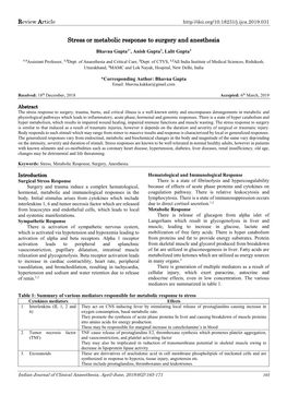 Stress Or Metabolic Response to Surgery and Anesthesia