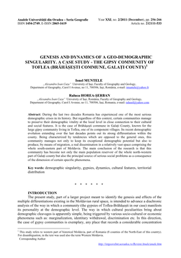 Genesis and Dynamics of a Geo-Demographic Singularity. a Case Study - the Gipsy Community of Toflea (Br Ăhă� E�Ti Commune, Gala Łi County) 1