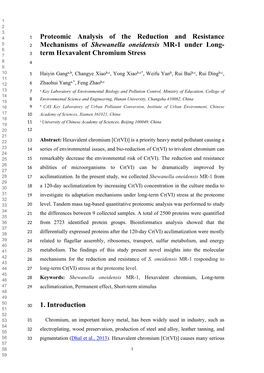 Proteomic Analysis of the Reduction and Resistance Mechanisms of Shewanella Oneidensis MR-1 Under Long- Term Hexavalent Chromium Stress