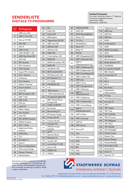 Senderliste Parameter Eingestellt Werden: Symbolrate: 6900 Digitale TV-Programme Modulation: QAM 256