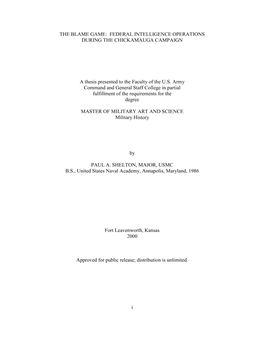 The Blame Game: Federal Intelligence Operations During the Chickamauga Campaign