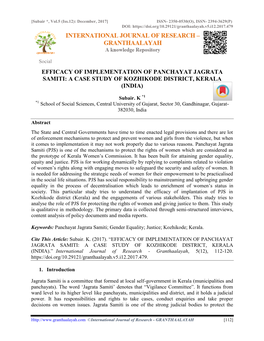 Efficacy of Implementation of Panchayat Jagrata Samiti: a Case Study of Kozhikode District, Kerala (India)