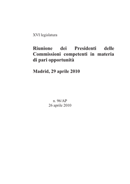 Riunione Dei Presidenti Delle Commissioni Competenti in Materia Di Pari Opportunità