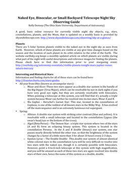 Naked Eye, Binocular, Or Small Backyard Telescope Night Sky Observing Guide Kelly Denney (The Ohio State University, Department of Astronomy)
