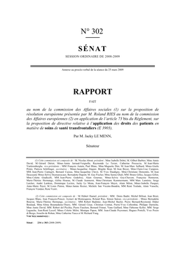 Rapport N° 230 (2008-2009), « Soins De Santé Transfrontaliers », De Roland Ries, Fait Au Nom De La Commission Des Affaires Européennes