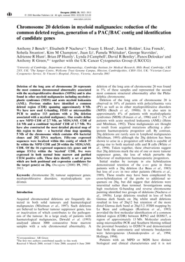 Chromosome 20 Deletions in Myeloid Malignancies: Reduction of the Common Deleted Region, Generation of a PAC/BAC Contig and Identi®Cation of Candidate Genes