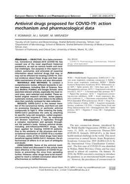 Antiviral Drugs Proposed for COVID-19: Action Mechanism and Pharmacological Data