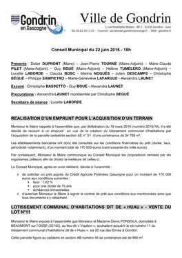 Conseil Municipal Du 22 Juin 2016 - 18H