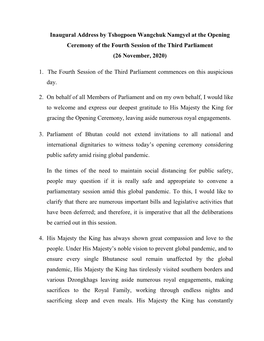 Inaugural Address by Tshogpoen Wangchuk Namgyel at the Opening Ceremony of the Fourth Session of the Third Parliament (26 November, 2020)