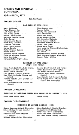 DEGREES and DIPLOMAS CONFERRED 15Th MARCH, 1972 Bachelors Degrees FACULTY of ARTS