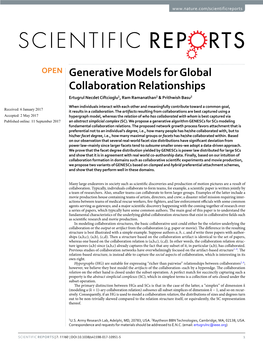 Generative Models for Global Collaboration Relationships Ertugrul Necdet Ciftcioglu1, Ram Ramanathan2 & Prithwish Basu2