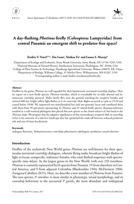 A Day-Flashing Photinus Firefly (Coleoptera: Lampyridae) from Central Panamá: an Emergent Shift to Predator-Free Space?