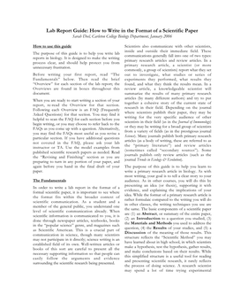 Lab Report Guide: How to Write in the Format of a Scientific Paper Sarah Deel, Carleton College Biology Department, January 2006