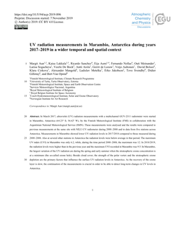 UV Radiation Measurements in Marambio, Antarctica During Years 2017–2019 in a Wider Temporal and Spatial Context