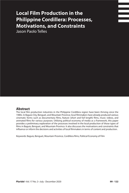 Local Film Production in the Philippine Cordillera: Processes, Motivations, and Constraints Jason Paolo Telles