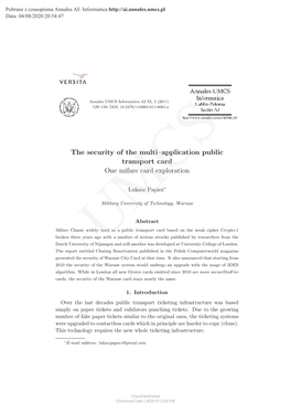 The Security of the Multi–Application Public Transport Card One Mifare Card Exploration