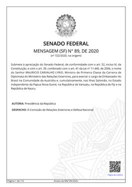 SENADO FEDERAL MENSAGEM (SF) N° 89, DE 2020 (Nº 722/2020, Na Origem)