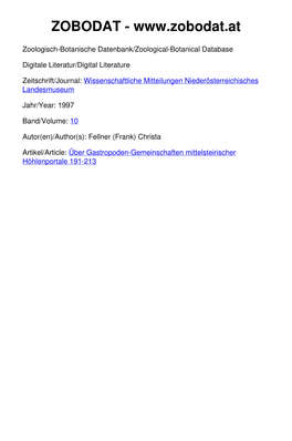 Über Gastropoden-Gemeinschaften Mittelsteirischer Höhlenportale 191-213 ©Amt Der Niederösterreichischen Landesregierung,, Download Unter