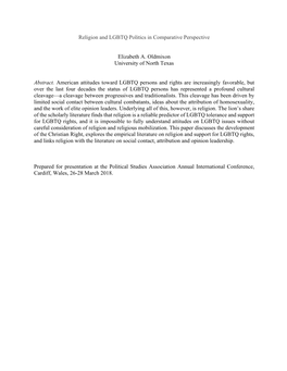 Religion and LGBTQ Politics in Comparative Perspective Elizabeth A. Oldmixon University of North Texas Abstract. American Attitu