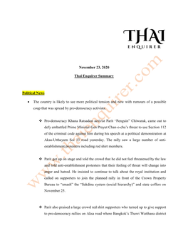 November 23, 2020 Thai Enquirer Summary Political News • The