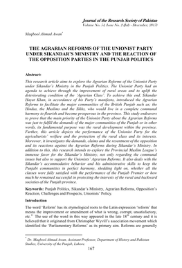 The Agrarian Reforms of the Unionist Party Under Sikandar's Ministry and the Reaction of the Opposition