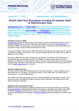 Dutch Take Four European Crowns at Season Start in Heerenveen Hub