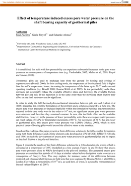 Effect of Temperature Induced Excess Pore Water Pressure on the Shaft Bearing Capacity of Geothermal Piles