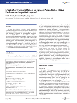 Effects of Environmental Factors on Tigriopus Fulvus, Fischer 1860, a Mediterranean Harpacticoid Copepod