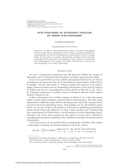 SUBCATEGORIES of EXTENSION MODULES by SERRE SUBCATEGORIES Introduction Let R Be a Commutative Noetherian Ring. We Denote by R-Mo