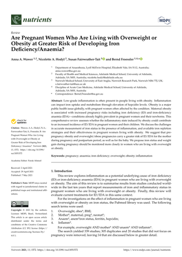 Are Pregnant Women Who Are Living with Overweight Or Obesity at Greater Risk of Developing Iron Deﬁciency/Anaemia?