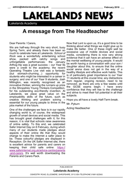 LAKELANDS NEWS Lakelands Academy a Message from the Headteacher