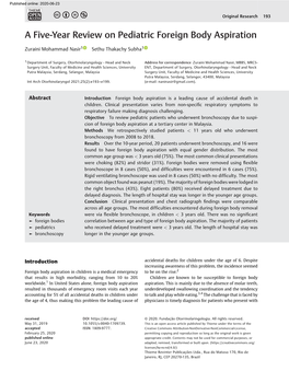 A Five-Year Review on Pediatric Foreign Body Aspiration