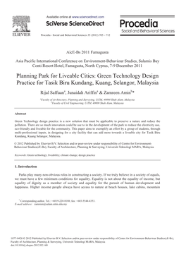 Planning Park for Liveable Cities: Green Technology Design Practice for Tasik Biru Kundang, Kuang, Selangor, Malaysia