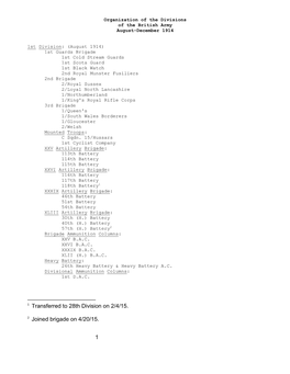 Organization of the Divisions of the British Army August-December 1914