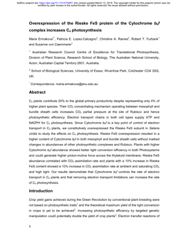 Overexpression of the Rieske Fes Protein of the Cytochrome B6f