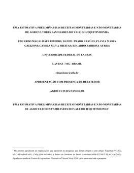 Uma Estimativa Preliminar Das Receitas Monetárias E Não-Monetárias De Agricultores Familiares Do Vale Do Jequitinhonha