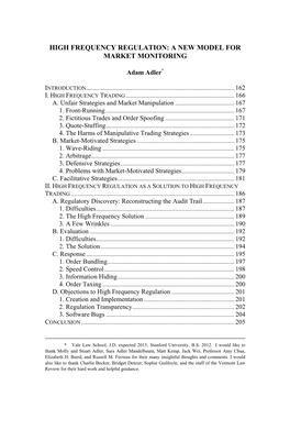High Frequency Regulation: a New Model for Market Monitoring