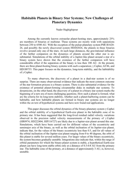 Habitable Planets in Binary Star Systems; New Challenges of Planetary Dynamics