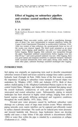 Effect of Logging on Subsurface Pipeflow and Erosion: Coastal Northern California, USA