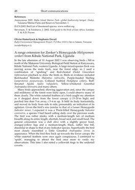 A Range Extension for Zenker's Honeyguide Melignomon Zenkeri from Kibale National Park, Uganda