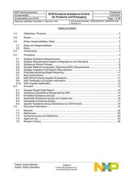 ECO-Products Substance Control for Products and Packaging and All Applicable Environmental Material And/Or Packaging Content Legislation/Requirements