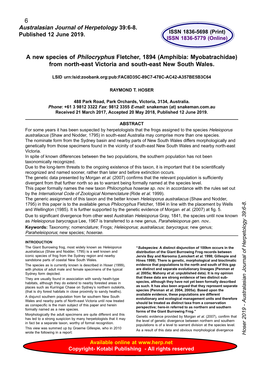 A New Species of Philocryphus Fletcher, 1894 (Amphibia: Myobatrachidae) from North-East Victoria and South-East New South Wales