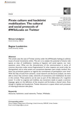 Pirate Culture and Hacktivist Mobilization: the Cultural and Social