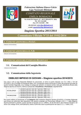 COMITATO REGIONALE EMILIA ROMAGNA Stagione Sportiva 2013