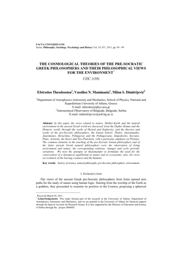 The Cosmological Theories of the Pre-Socratic Greek Philosophers and Their Philosophical Views for the Environment Udc 1(38)